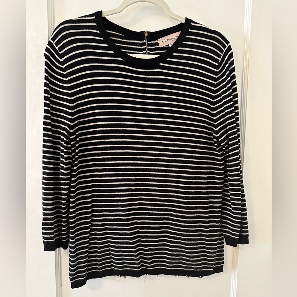 PHILOSOPHY Womens Crew Neck Sweater Black White Striped L. Back gold zipper. #2